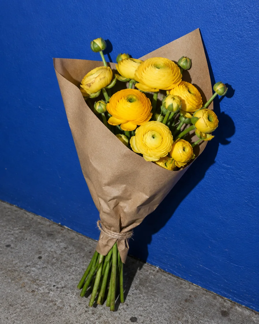 A bouquet of yellow ranunculus in brown paper against a cobalt wall.