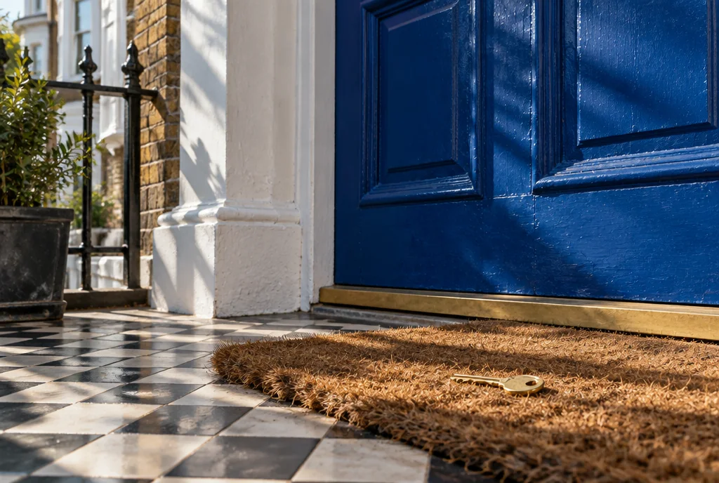 A brass key on a doormat in front of a cobalt blue Victorian front door.