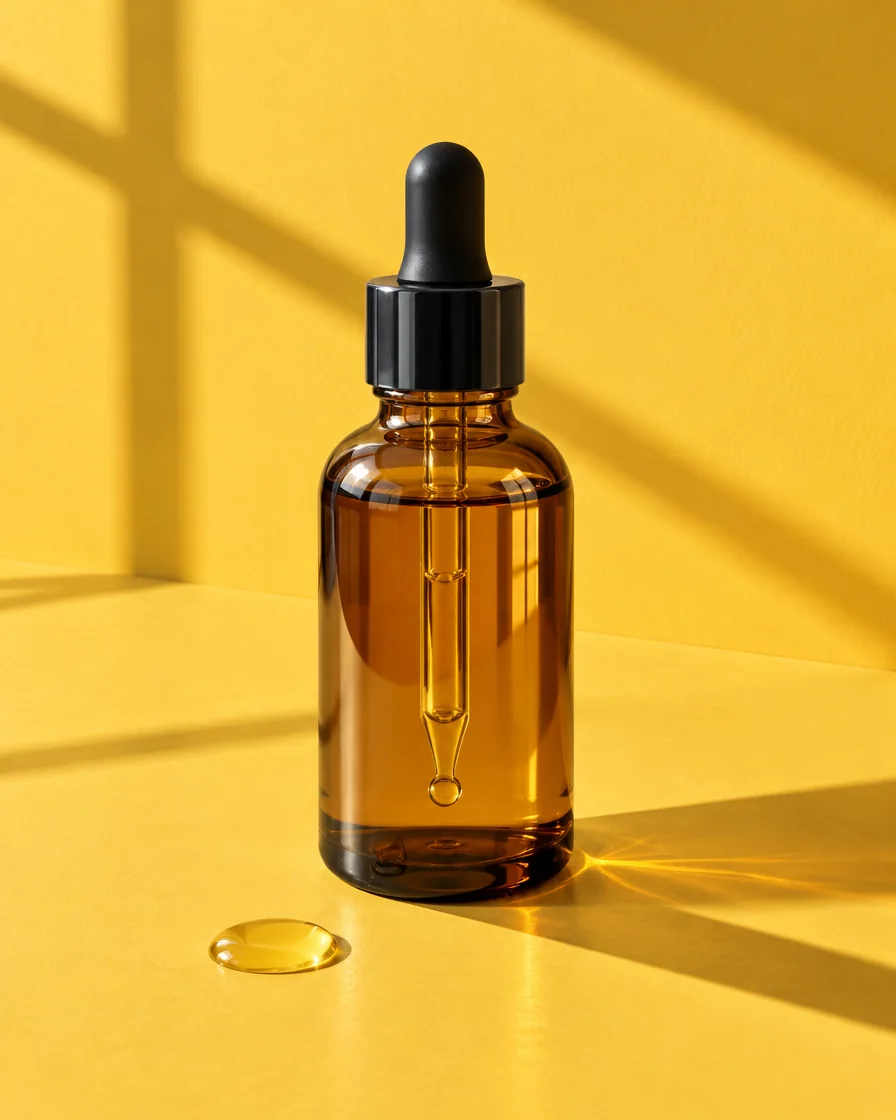 An amber serum bottle in hard sunlight against a yellow wall.